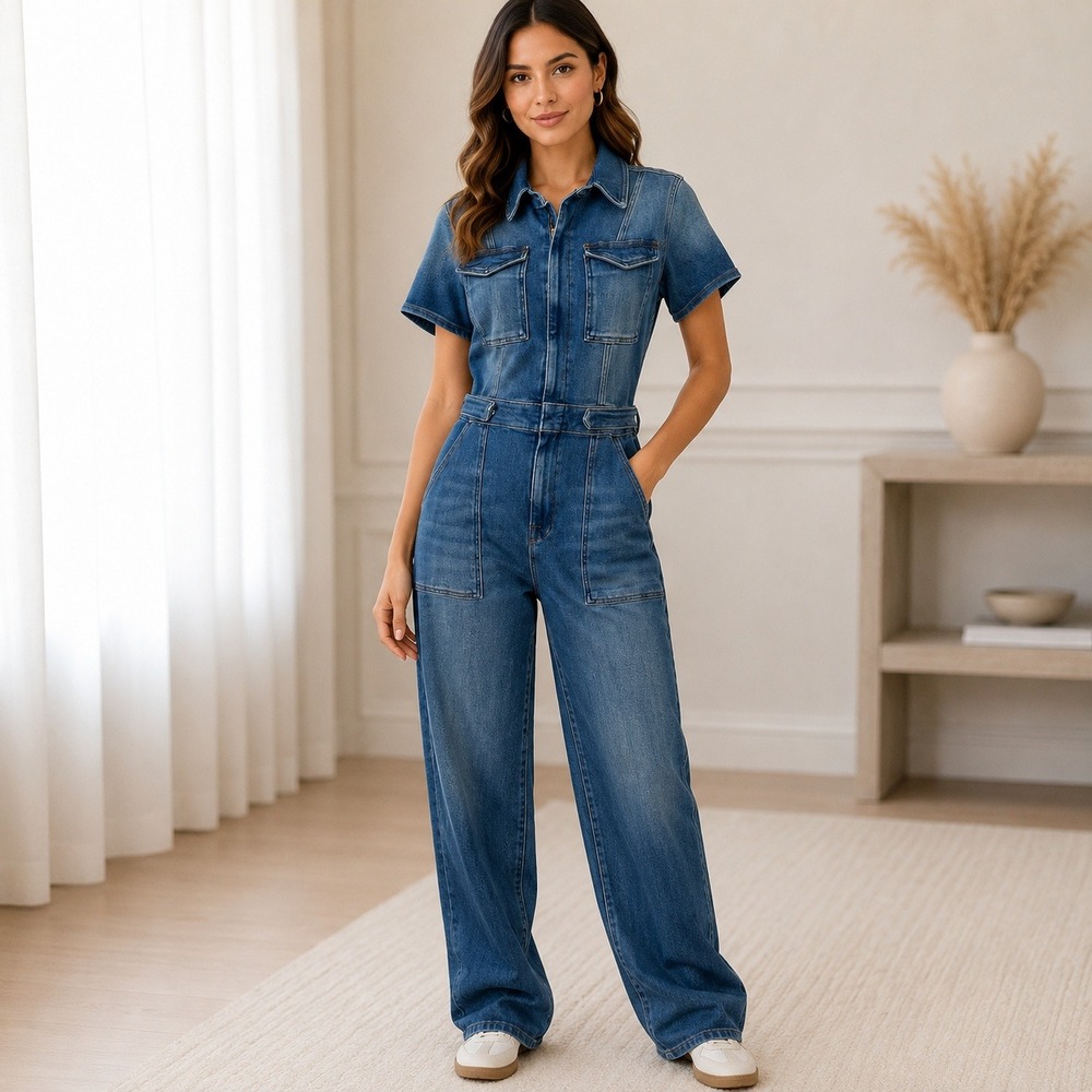 NWT Good American Fit For Success Bootcut Jumpsuit Denim 4 Blue Stretch Pockets
